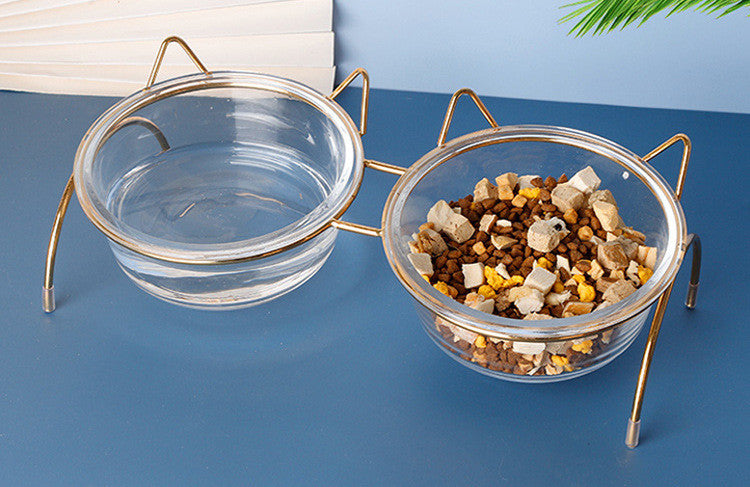 Glass Cat Bowl With Metal Rack 2-in-1 Feeder