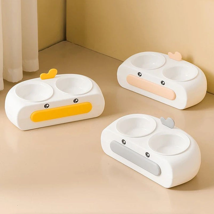 Duck Design Double Pet Bowl Plastic Feeder Tray