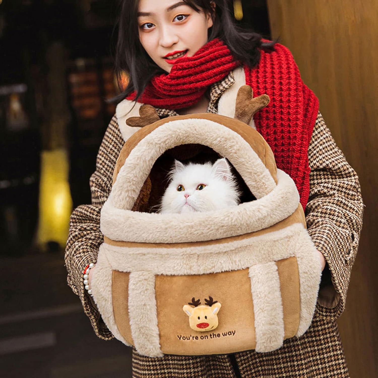 Plush Reindeer Pet Carrier Backpack with Hand Warmers