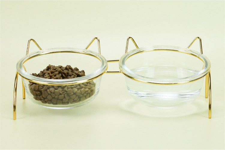 Glass Cat Bowl With Metal Rack 2-in-1 Feeder