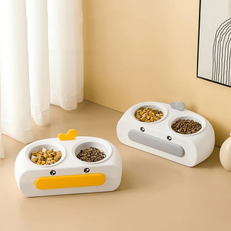 Duck Design Double Pet Bowl Plastic Feeder Tray