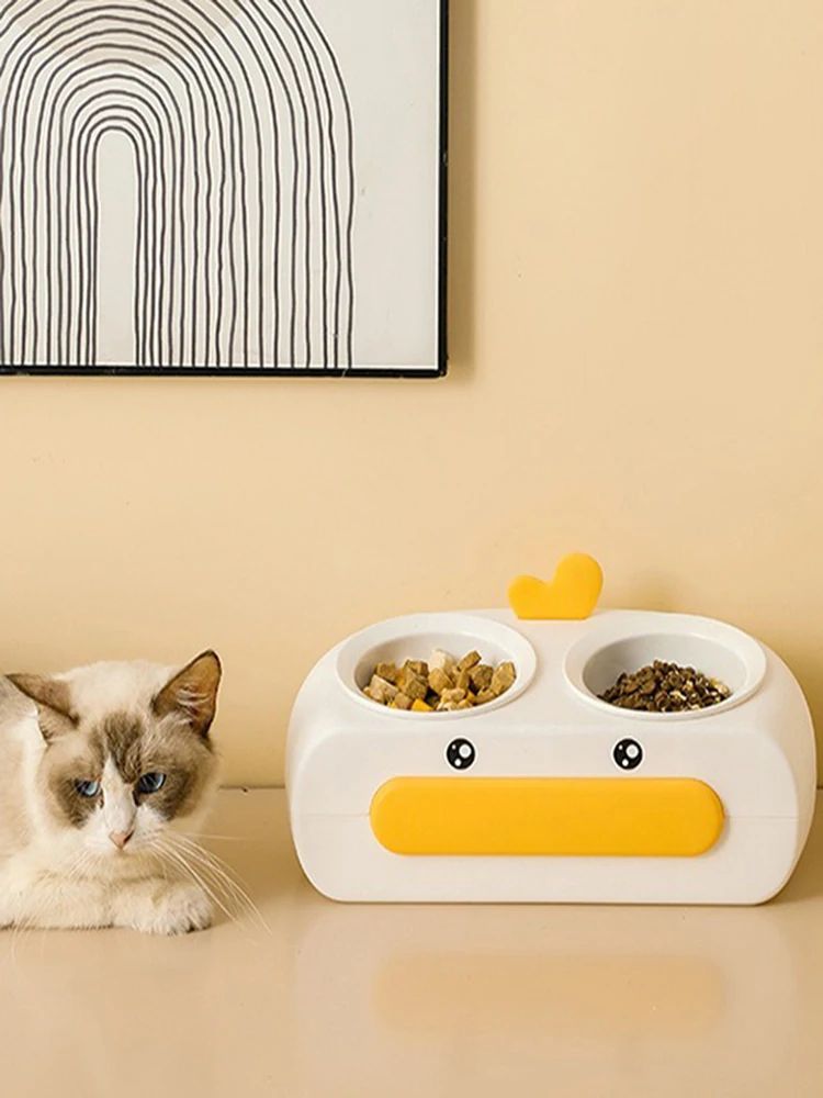 Duck Design Double Pet Bowl Plastic Feeder Tray
